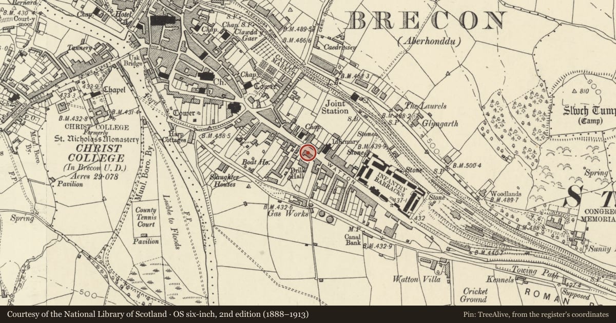 Ordnance Survey six-inch map, 2nd edition (1888–1913) covering the location of 53 The Watton, Brecon, Powys, with a pin at the register's coordinates
