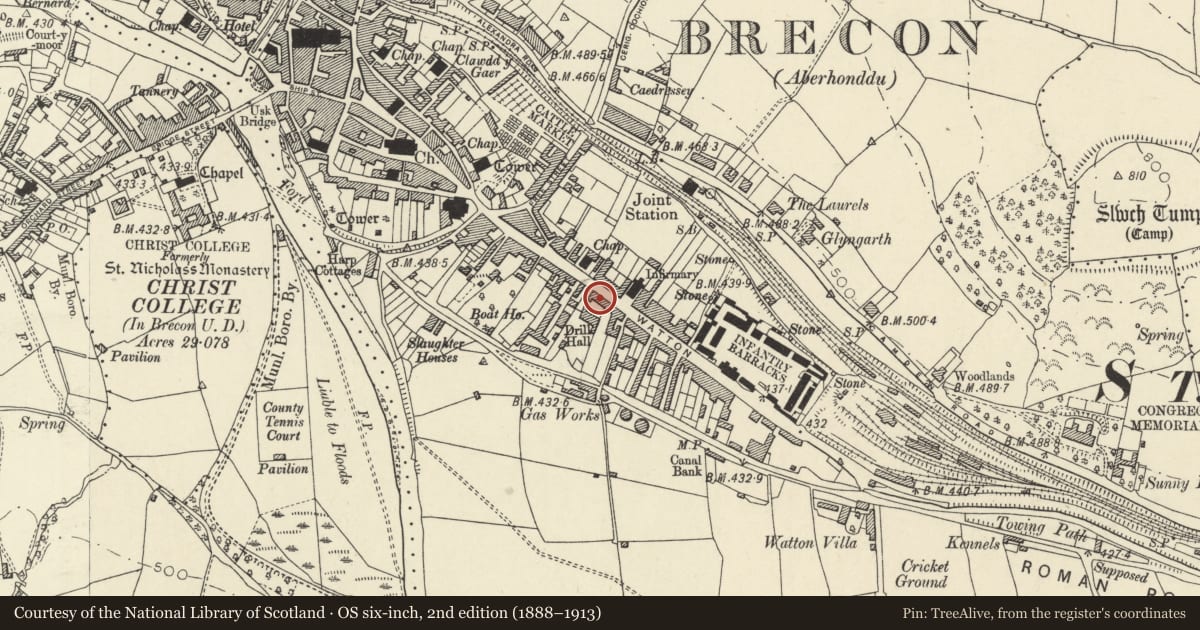 Ordnance Survey six-inch map, 2nd edition (1888–1913) covering the location of 54 The Watton, Brecon, Powys, with a pin at the register's coordinates