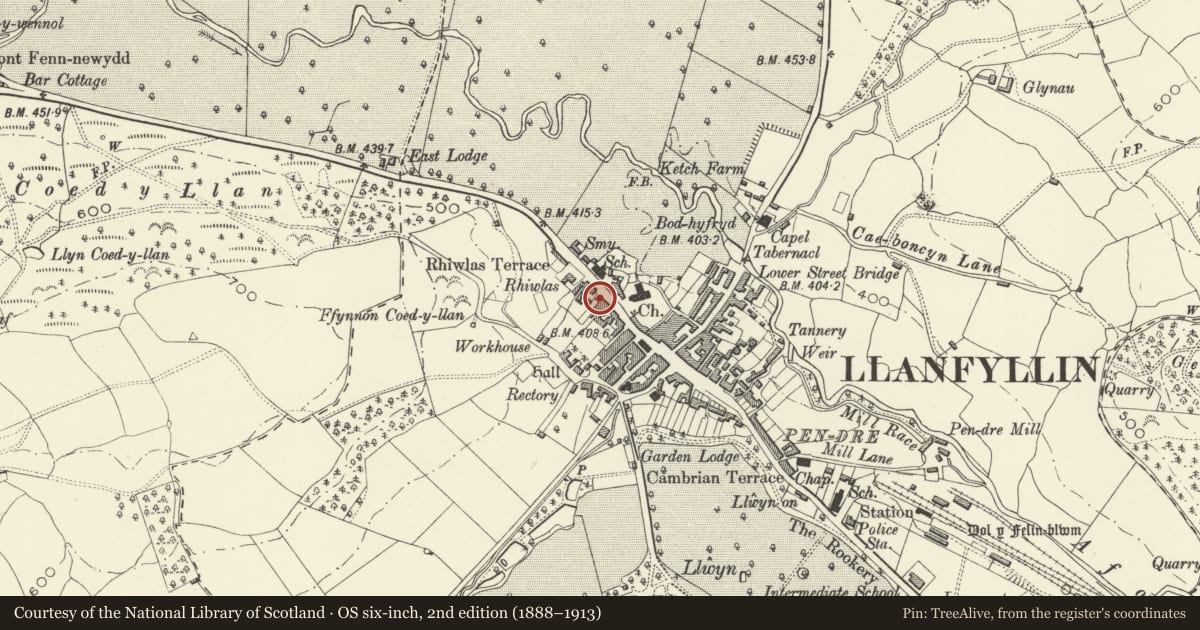 Ordnance Survey six-inch map, 2nd edition (1888–1913) covering the location of The Old New Inn, Llanfyllin, Powys, with a pin at the register's coordinates