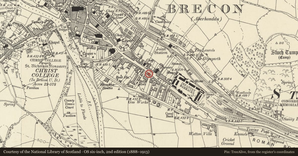 Ordnance Survey six-inch map, 2nd edition (1888–1913) covering the location of 56 The Watton, Brecon, Powys, with a pin at the register's coordinates