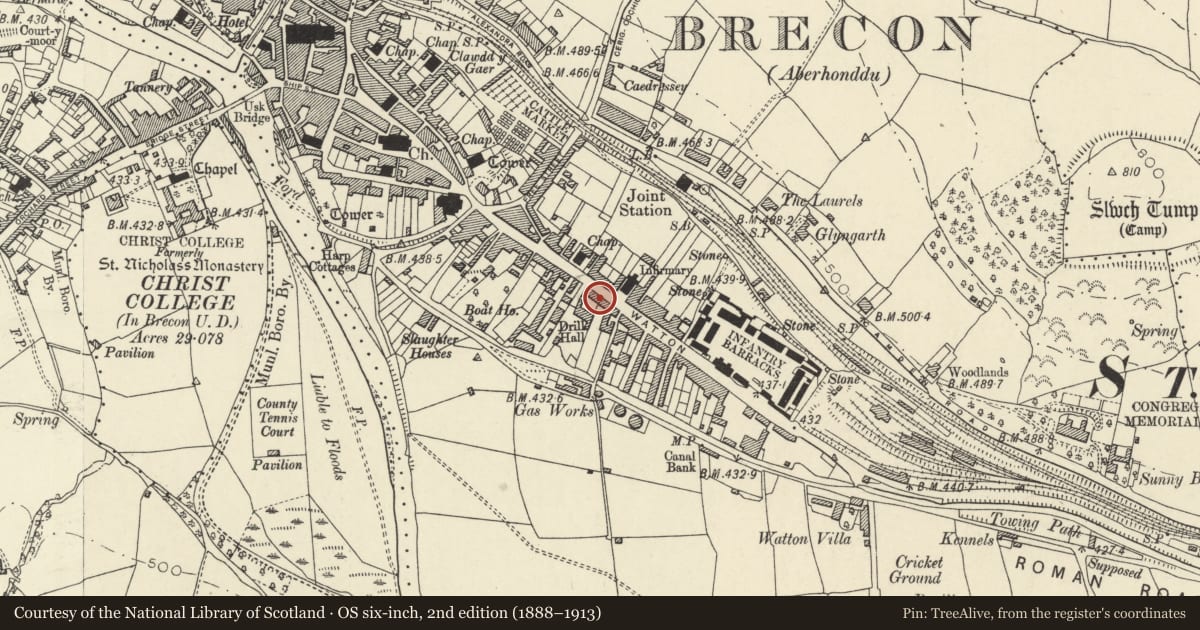 Ordnance Survey six-inch map, 2nd edition (1888–1913) covering the location of 57 The Watton, Brecon, Powys, with a pin at the register's coordinates