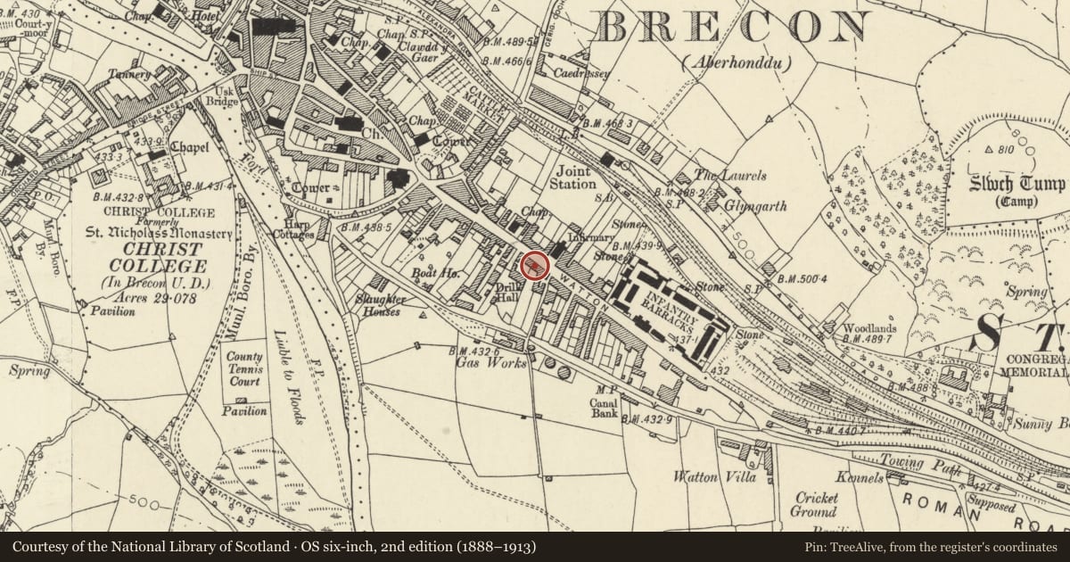 Ordnance Survey six-inch map, 2nd edition (1888–1913) covering the location of 59 The Watton, Brecon, Powys, with a pin at the register's coordinates