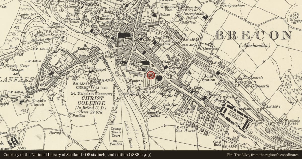 Ordnance Survey six-inch map, 2nd edition (1888–1913) covering the location of 6 Glamorgan Street, Brecon, Powys, with a pin at the register's coordinates