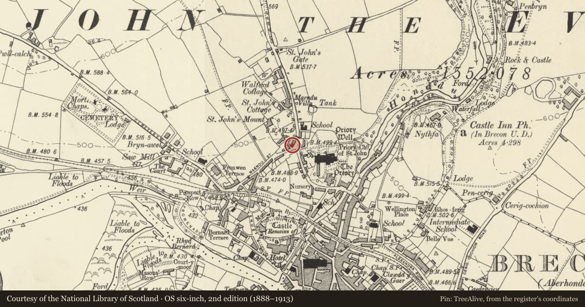 Ordnance Survey six-inch map, 2nd edition (1888–1913) covering the location of No.6 St John's Terrace, Brecon, Powys, with a pin at the register's coordinates