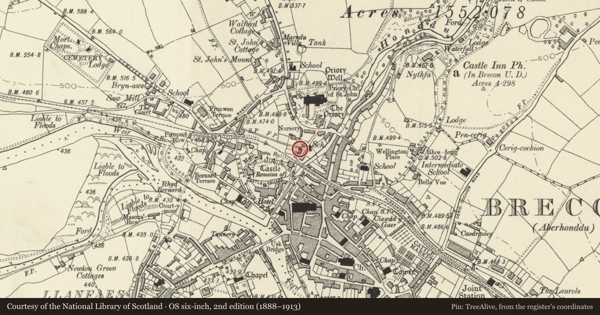 Ordnance Survey six-inch map, 2nd edition (1888–1913) covering the location of 6 The Postern, including Forecourt Wall and Railings, Brecon, Powys, with a pin at the register's coordinates