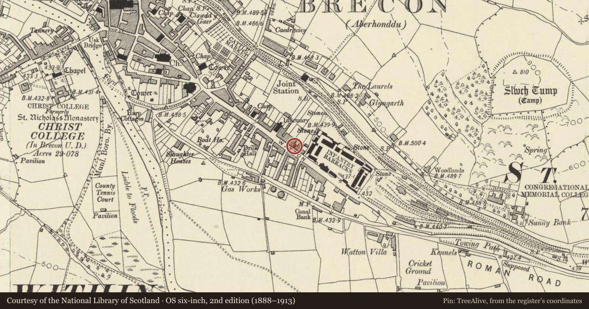 Ordnance Survey six-inch map, 2nd edition (1888–1913) covering the location of 6 The Watton, Brecon, Powys, with a pin at the register's coordinates