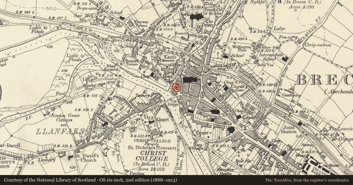 Ordnance Survey six-inch map, 2nd edition (1888–1913) covering the location of 6 Watergate, Brecon, Powys, with a pin at the register's coordinates