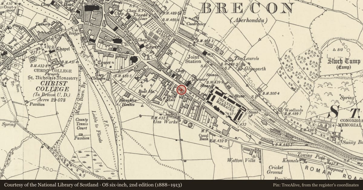 Ordnance Survey six-inch map, 2nd edition (1888–1913) covering the location of 60 The Watton, Brecon, Powys, with a pin at the register's coordinates