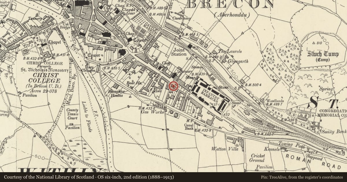Ordnance Survey six-inch map, 2nd edition (1888–1913) covering the location of 66 The Watton, Brecon, Powys, with a pin at the register's coordinates