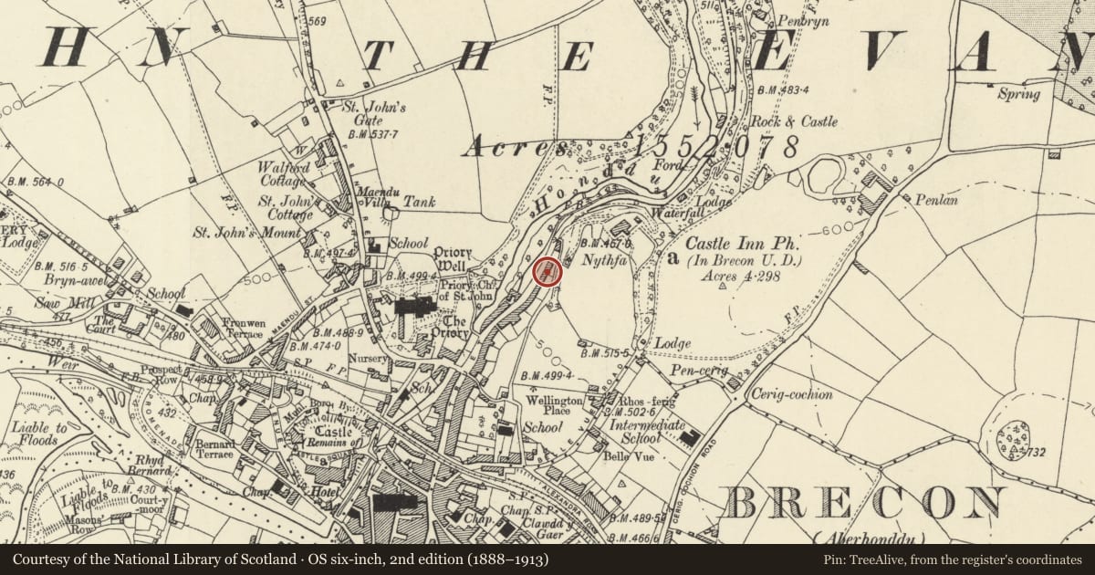 Ordnance Survey six-inch map, 2nd edition (1888–1913) covering the location of 68 The Struet, including Forecourt Wall & Railings, Brecon, Powys, with a pin at the register's coordinates