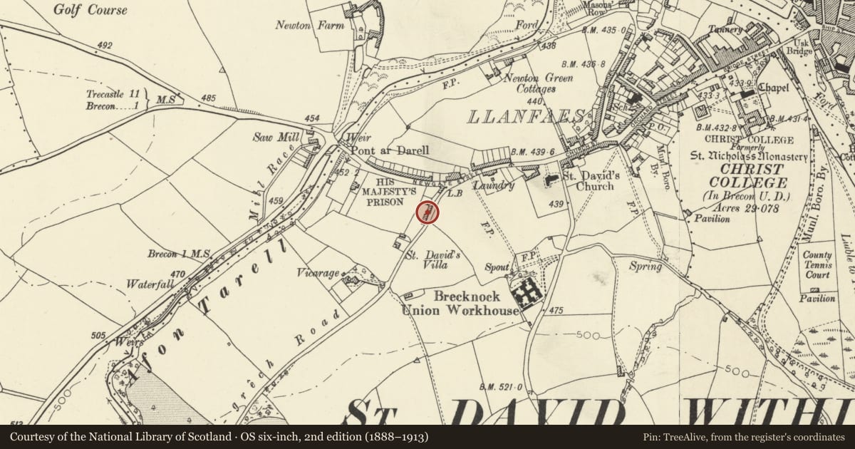Ordnance Survey six-inch map, 2nd edition (1888–1913) covering the location of 7 Ffrwdgrech Road, Brecon, Powys, with a pin at the register's coordinates