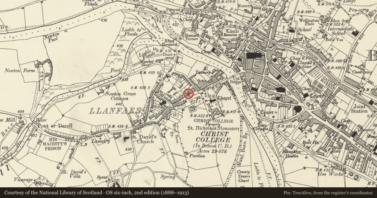 Ordnance Survey six-inch map, 2nd edition (1888–1913) covering the location of 7 Orchard Street, Brecon, Powys, with a pin at the register's coordinates