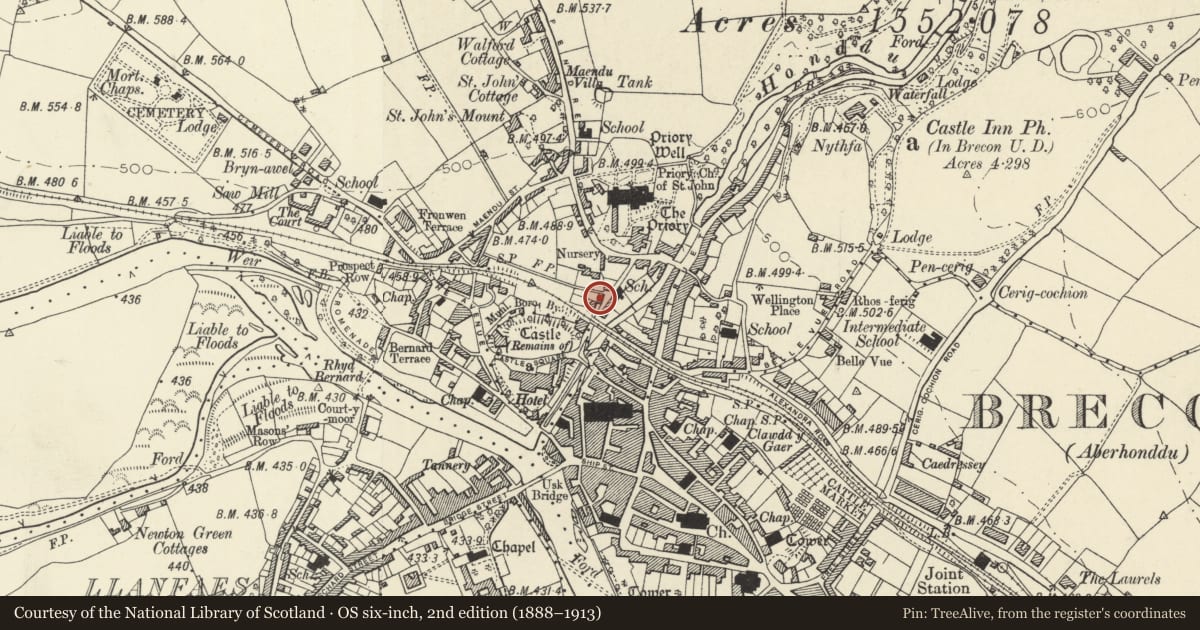 Ordnance Survey six-inch map, 2nd edition (1888–1913) covering the location of 7 The Postern, including Forecourt Wall and Railings, Brecon, Powys, with a pin at the register's coordinates