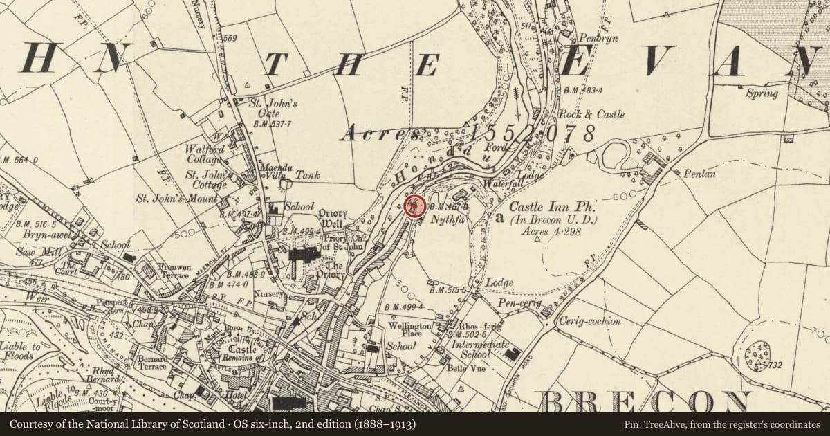 Ordnance Survey six-inch map, 2nd edition (1888–1913) covering the location of 73 The Struet, Brecon, Powys, with a pin at the register's coordinates