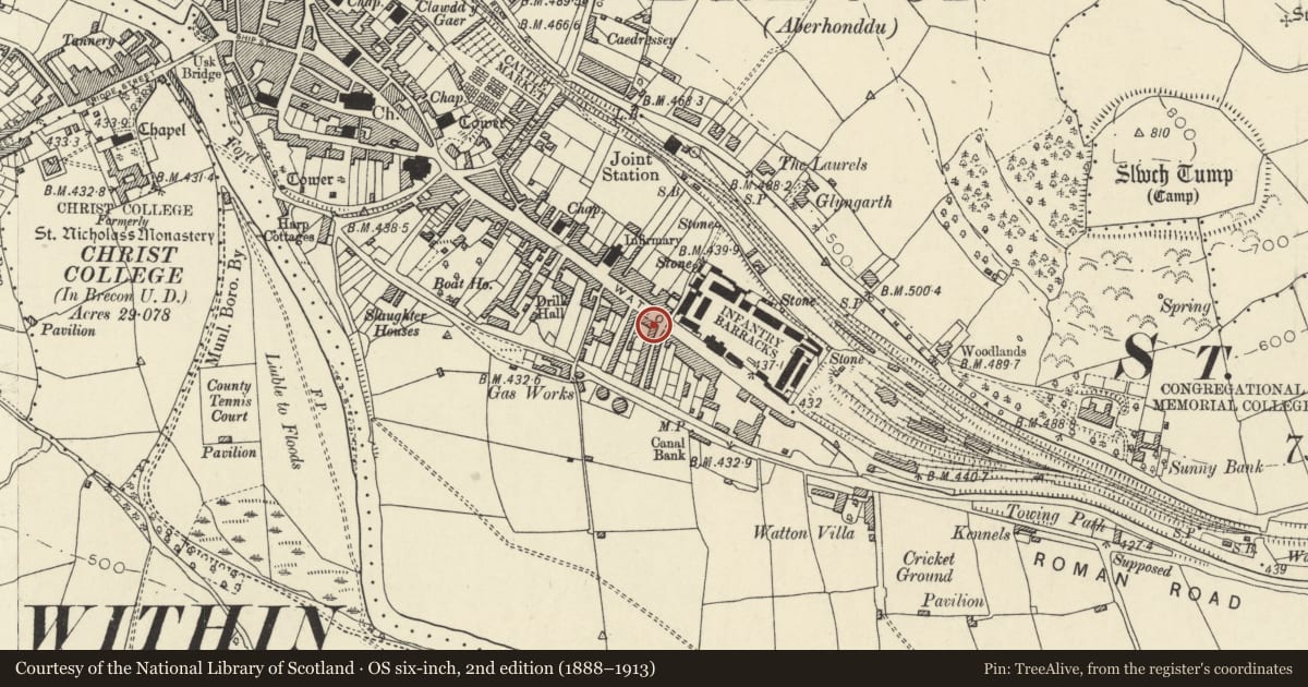 Ordnance Survey six-inch map, 2nd edition (1888–1913) covering the location of 79 The Watton, Brecon, Powys, with a pin at the register's coordinates