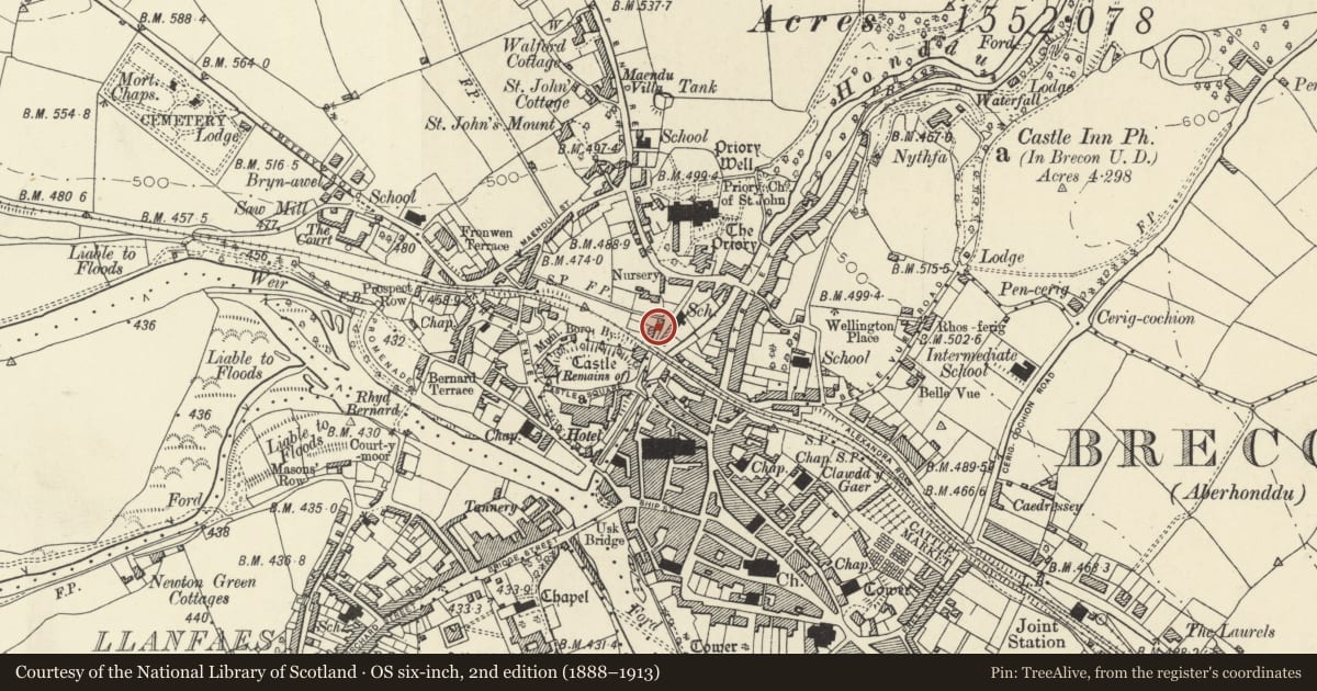Ordnance Survey six-inch map, 2nd edition (1888–1913) covering the location of 8 The Postern, including Forecourt Wall and Railings, Brecon, Powys, with a pin at the register's coordinates