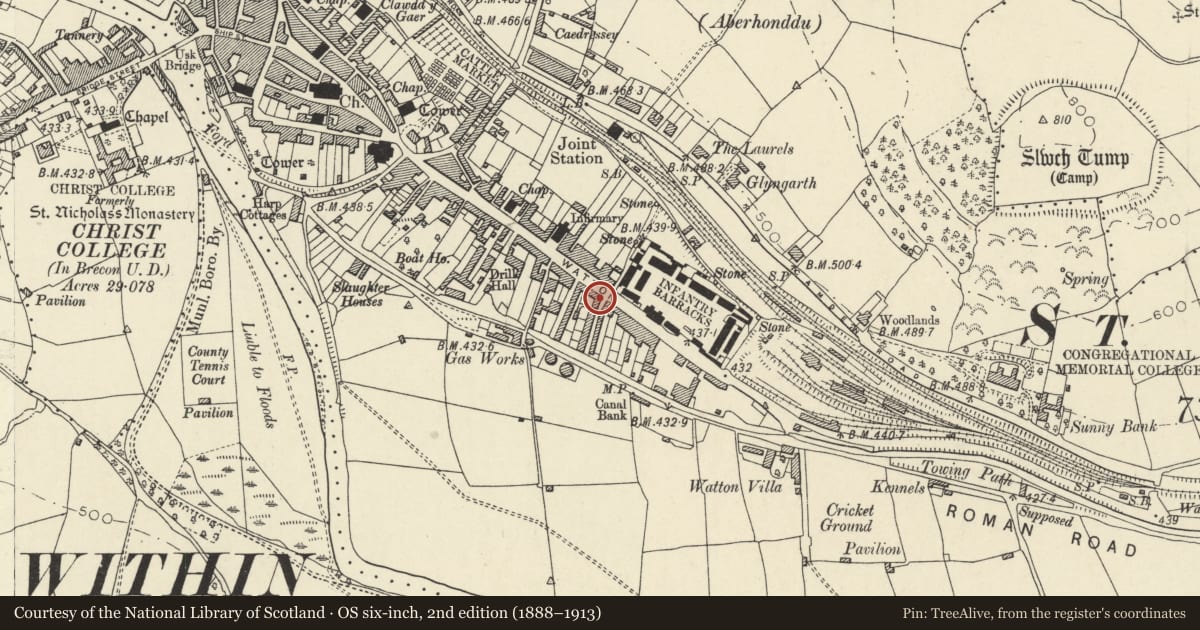 Ordnance Survey six-inch map, 2nd edition (1888–1913) covering the location of 80 The Watton, Brecon, Powys, with a pin at the register's coordinates