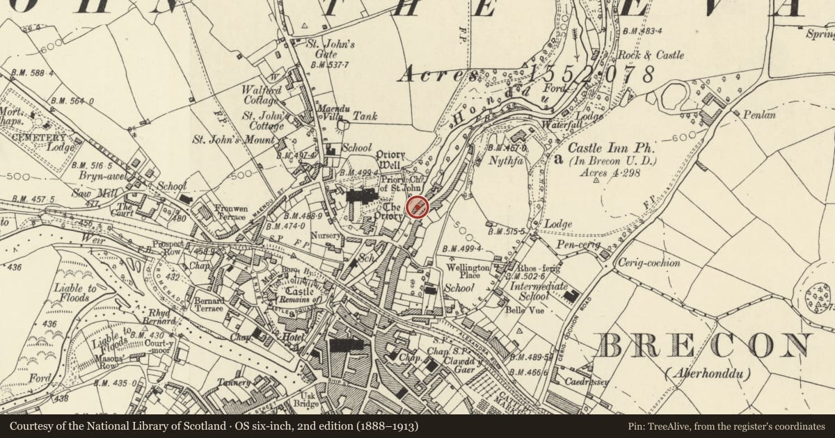 Ordnance Survey six-inch map, 2nd edition (1888–1913) covering the location of 83 The Struet, Brecon, Powys, with a pin at the register's coordinates
