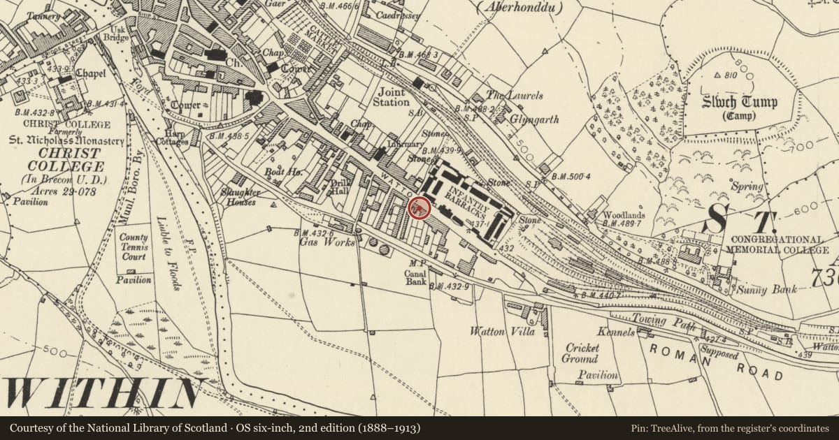 Ordnance Survey six-inch map, 2nd edition (1888–1913) covering the location of 85 The Watton, Brecon, Powys, with a pin at the register's coordinates
