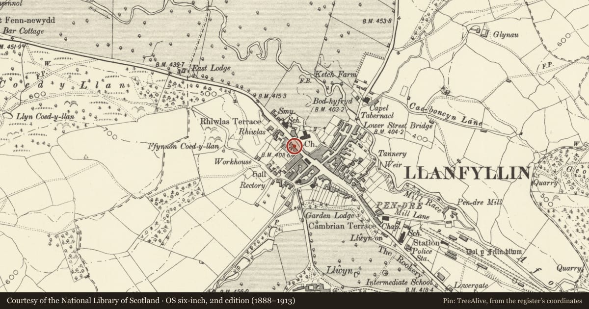 Ordnance Survey six-inch map, 2nd edition (1888–1913) covering the location of 25 High Street, Llanfyllin, Powys, with a pin at the register's coordinates