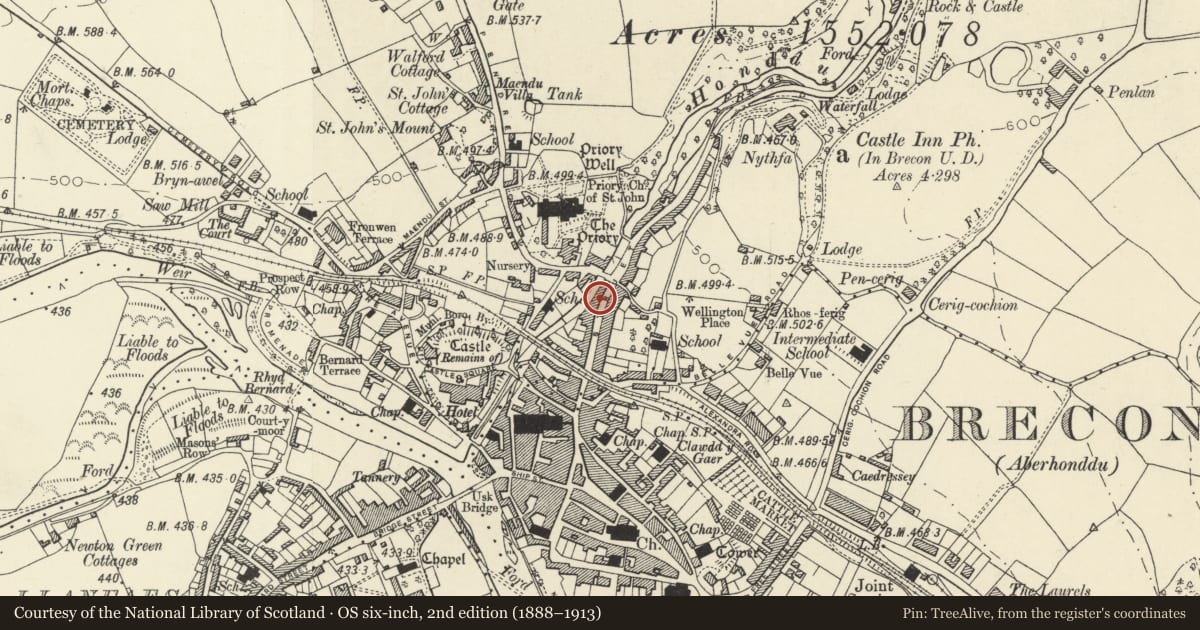 Ordnance Survey six-inch map, 2nd edition (1888–1913) covering the location of 89 The Struet, Brecon, Powys, with a pin at the register's coordinates