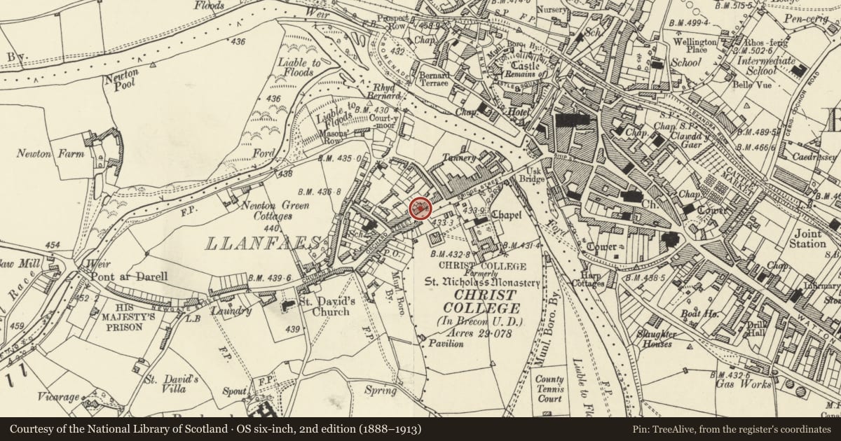 Ordnance Survey six-inch map, 2nd edition (1888–1913) covering the location of 9 Orchard Street, Brecon, Powys, with a pin at the register's coordinates