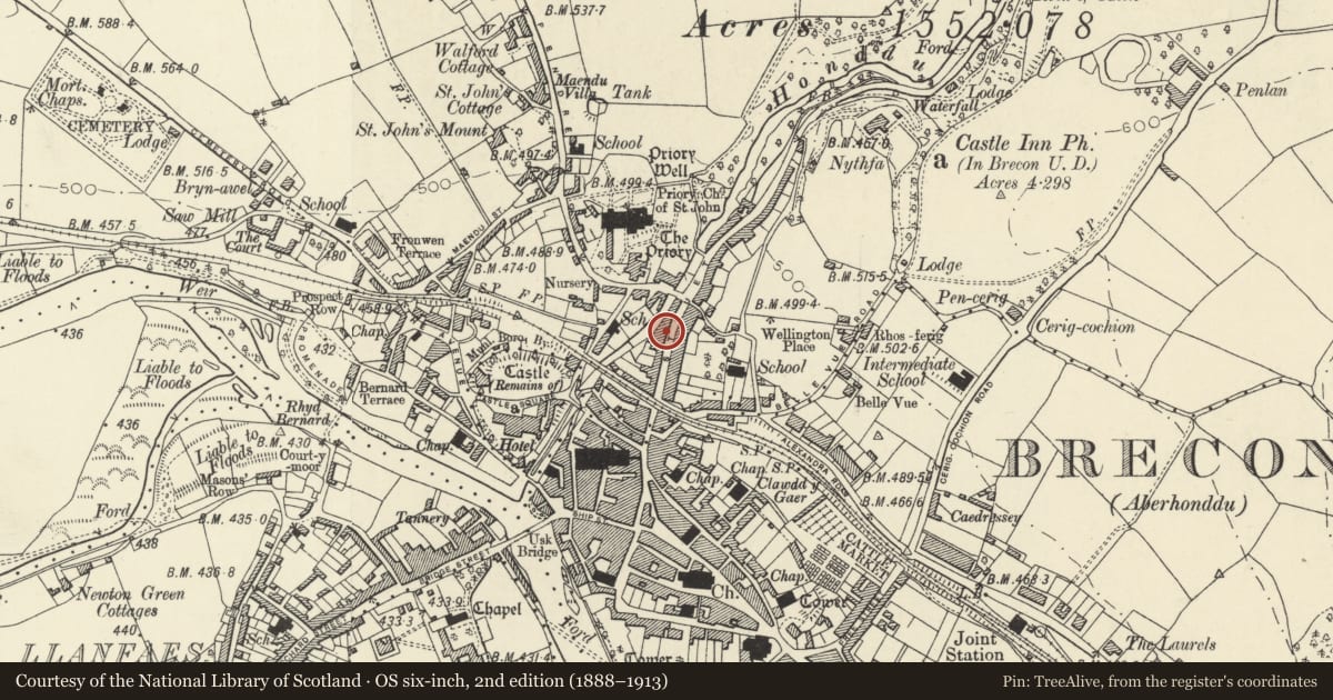 Ordnance Survey six-inch map, 2nd edition (1888–1913) covering the location of 92 The Struet, Brecon, Powys, with a pin at the register's coordinates