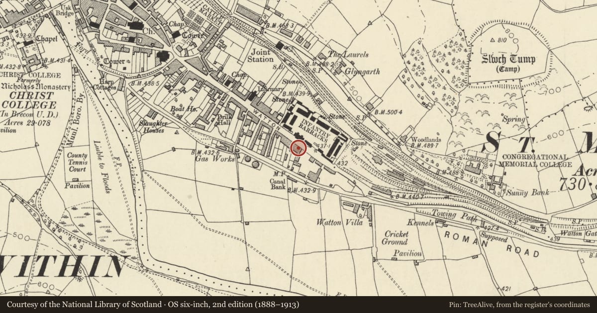 Ordnance Survey six-inch map, 2nd edition (1888–1913) covering the location of 92 The Watton, Brecon, Powys, with a pin at the register's coordinates