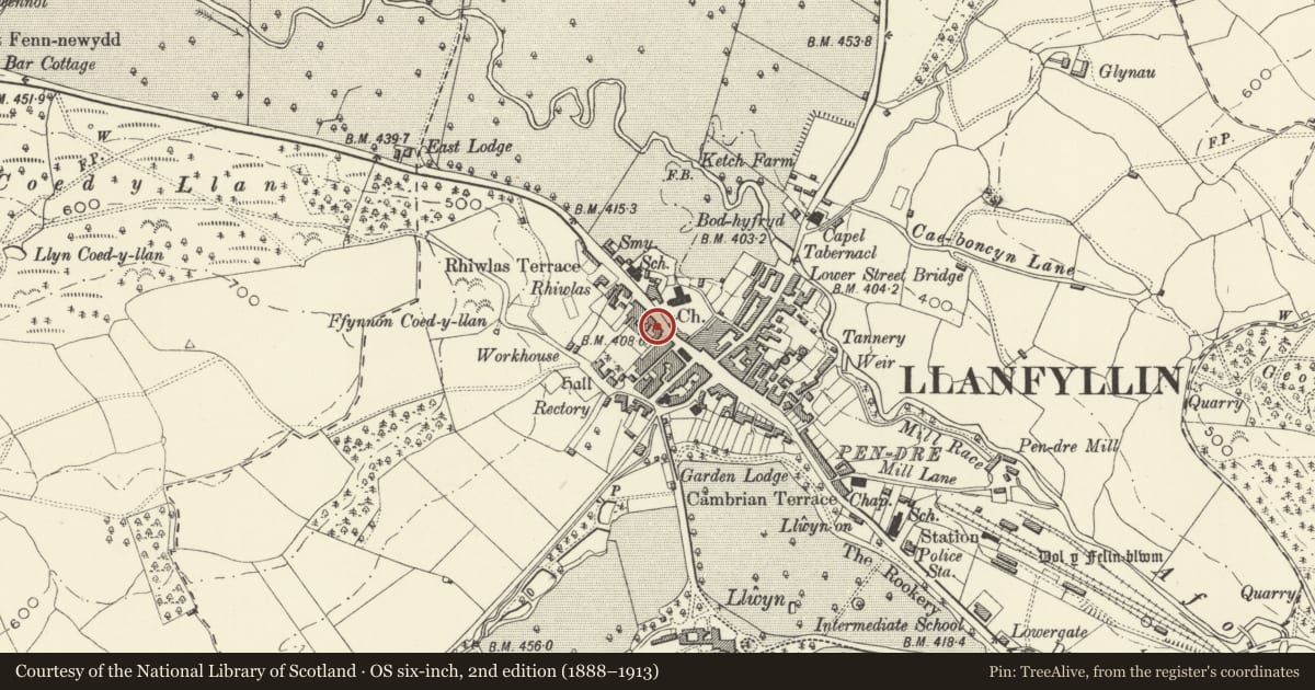 Ordnance Survey six-inch map, 2nd edition (1888–1913) covering the location of Council House, Llanfyllin, Powys, with a pin at the register's coordinates