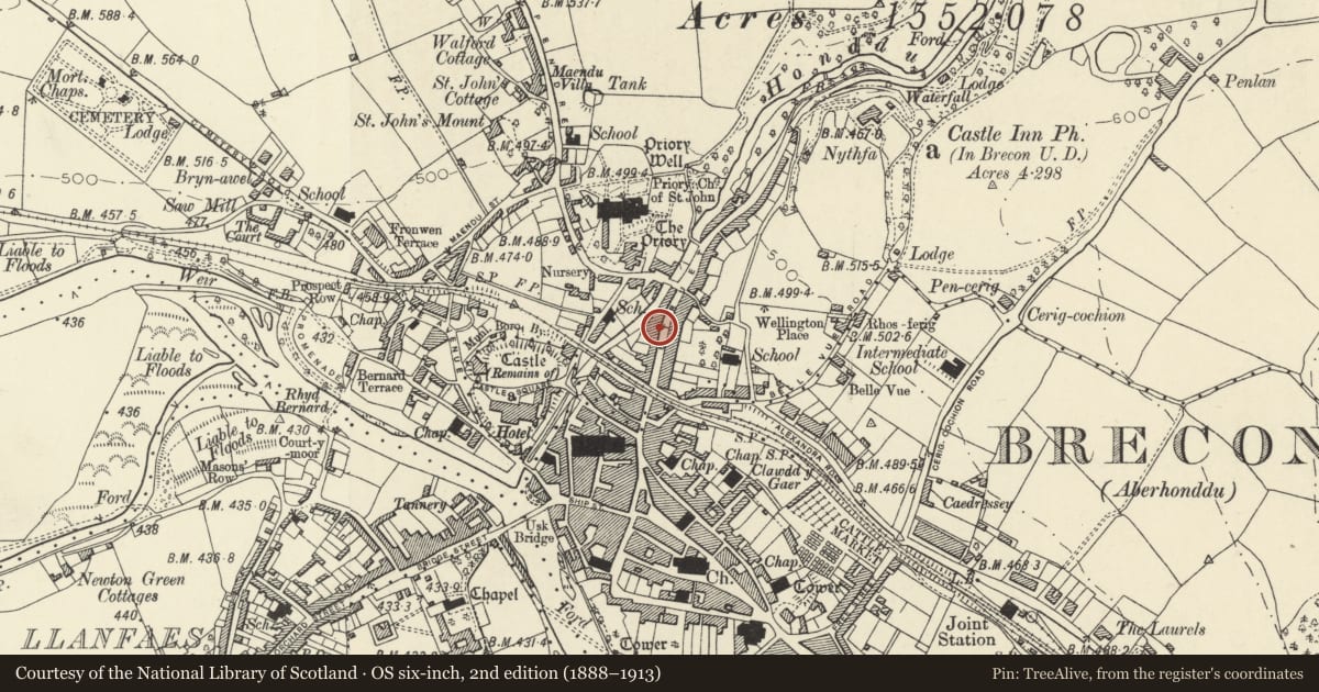 Ordnance Survey six-inch map, 2nd edition (1888–1913) covering the location of 94 The Struet, Brecon, Powys, with a pin at the register's coordinates