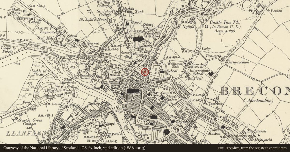 Ordnance Survey six-inch map, 2nd edition (1888–1913) covering the location of 99 The Struet, Brecon, Powys, with a pin at the register's coordinates