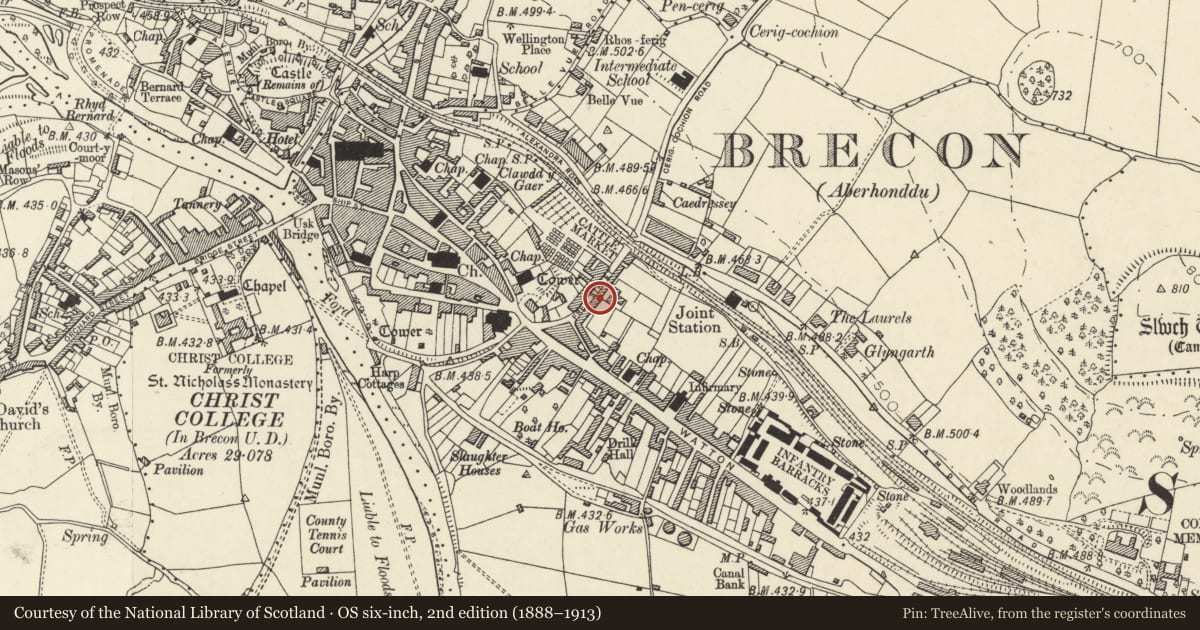 Ordnance Survey six-inch map, 2nd edition (1888–1913) covering the location of House, including Garden Walls, Piers Railings, and Gates, Brecon, Powys, with a pin at the register's coordinates