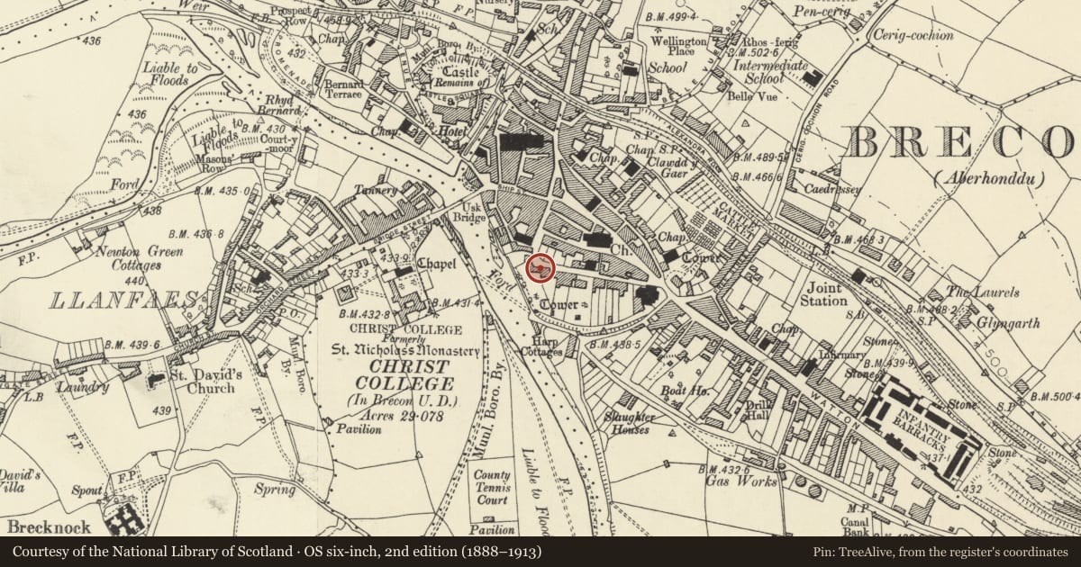 Ordnance Survey six-inch map, 2nd edition (1888–1913) covering the location of 3 Buckingham Place, Brecon, Powys, with a pin at the register's coordinates