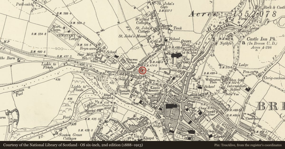 Ordnance Survey six-inch map, 2nd edition (1888–1913) covering the location of 3 Dainter Place, Brecon, Powys, with a pin at the register's coordinates