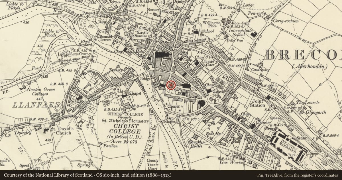 Ordnance Survey six-inch map, 2nd edition (1888–1913) covering the location of House to rear of 1 Wheat Street, Brecon, Powys, with a pin at the register's coordinates