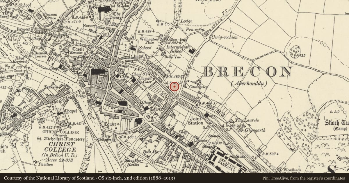 Ordnance Survey six-inch map, 2nd edition (1888–1913) covering the location of Glasfryn, Brecon, Powys, with a pin at the register's coordinates