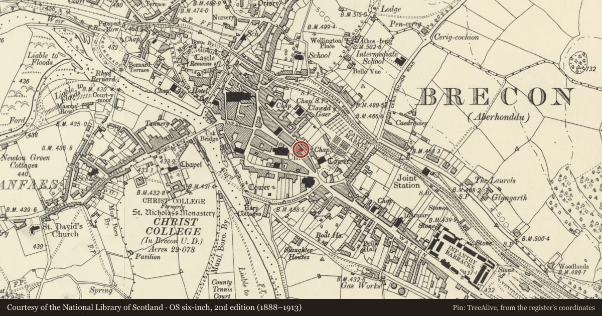 Ordnance Survey six-inch map, 2nd edition (1888–1913) covering the location of Nibletts, Brecon, Powys, with a pin at the register's coordinates