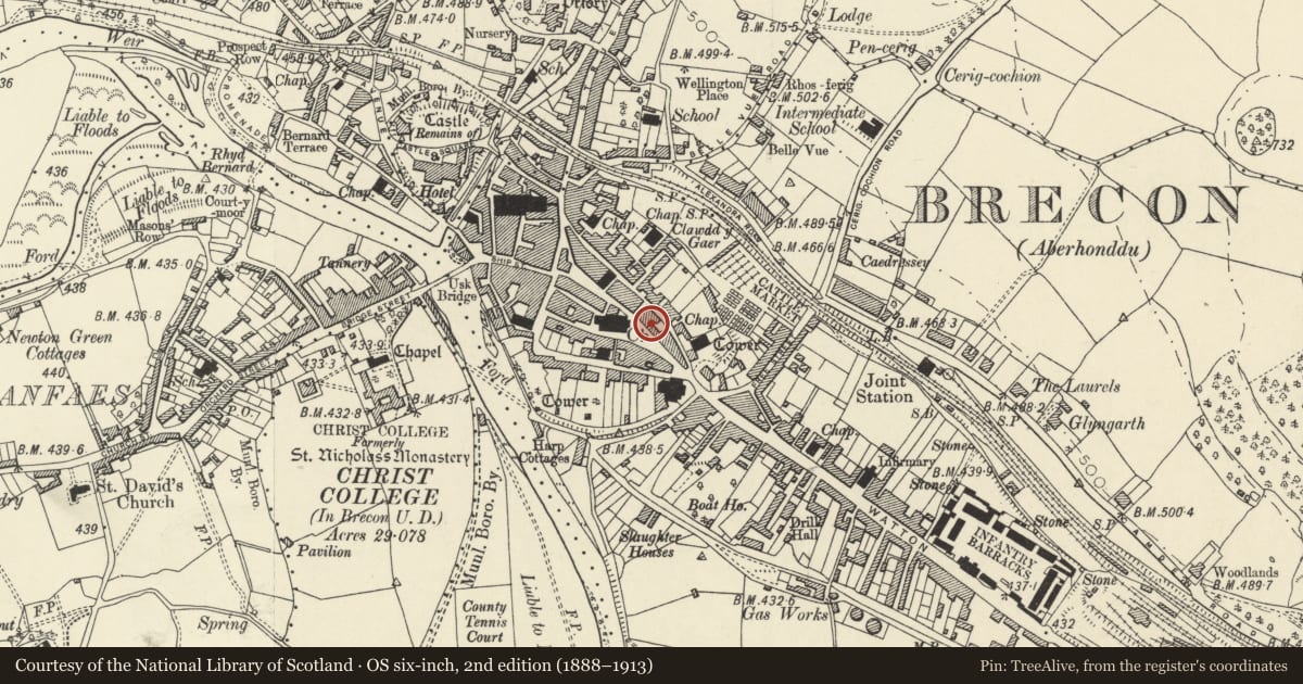 Ordnance Survey six-inch map, 2nd edition (1888–1913) covering the location of Thomson, Brecon, Powys, with a pin at the register's coordinates