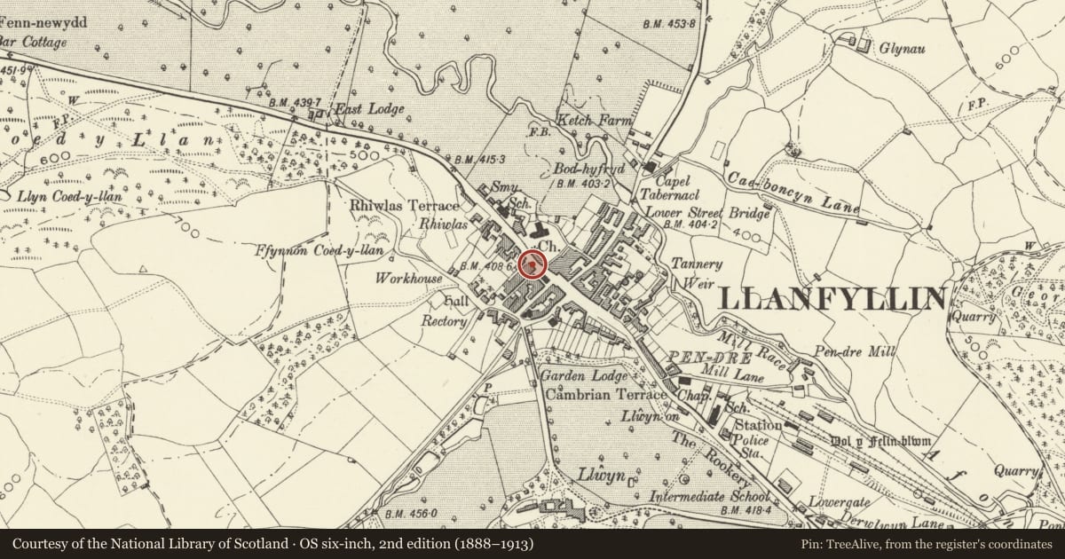 Ordnance Survey six-inch map, 2nd edition (1888–1913) covering the location of Post Office, Llanfyllin, Powys, with a pin at the register's coordinates