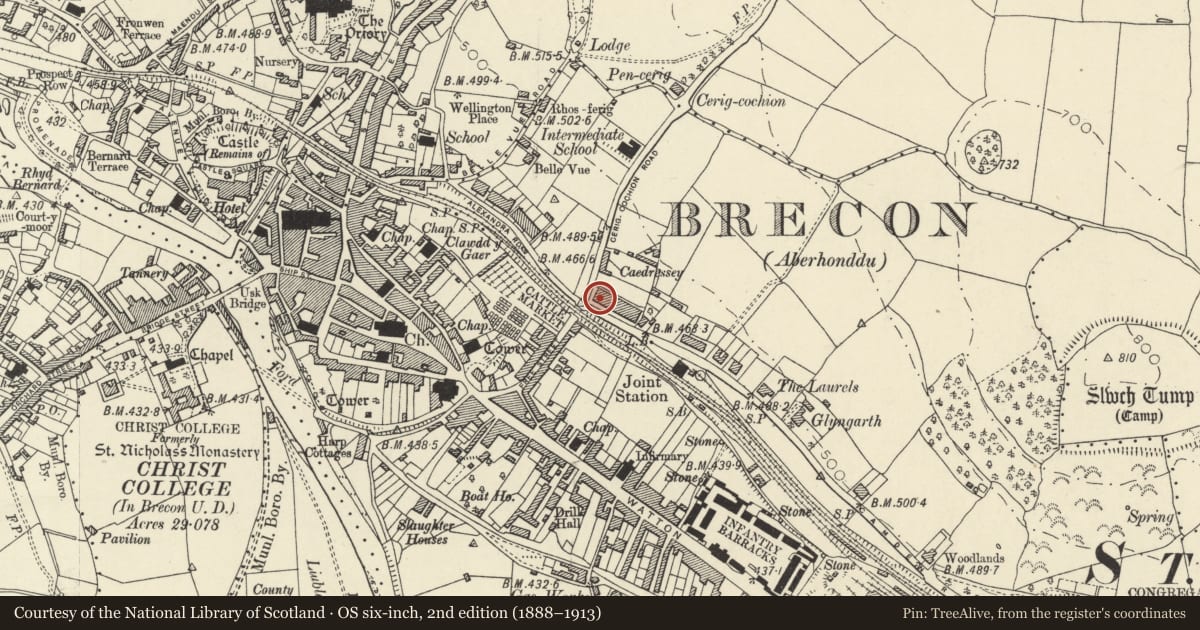 Ordnance Survey six-inch map, 2nd edition (1888–1913) covering the location of 2 Camden Road, Brecon, Powys, with a pin at the register's coordinates