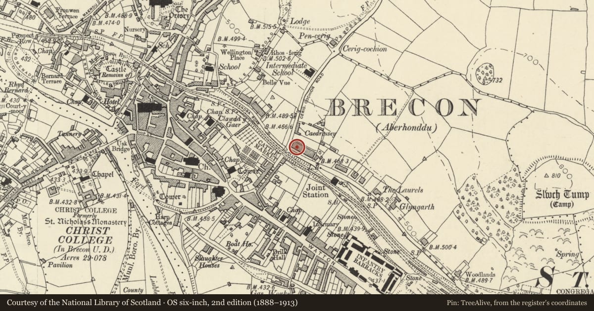 Ordnance Survey six-inch map, 2nd edition (1888–1913) covering the location of 3 Camden Road, Brecon, Powys, with a pin at the register's coordinates