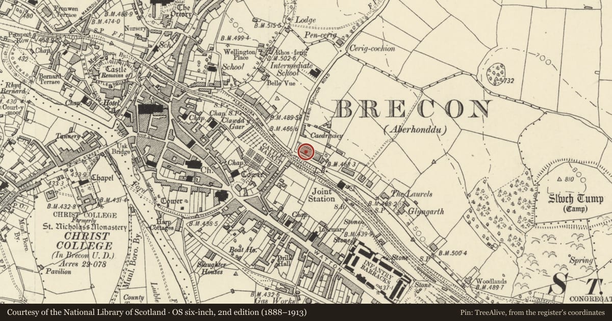 Ordnance Survey six-inch map, 2nd edition (1888–1913) covering the location of 5 Camden Road, Brecon, Powys, with a pin at the register's coordinates