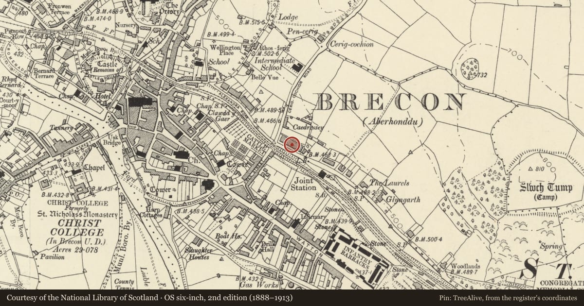 Ordnance Survey six-inch map, 2nd edition (1888–1913) covering the location of 7 Camden Lane, Brecon, Powys, with a pin at the register's coordinates