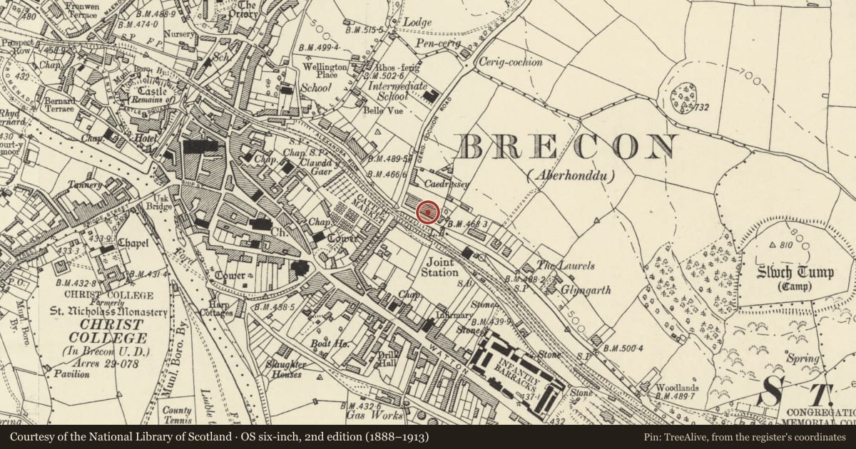 Ordnance Survey six-inch map, 2nd edition (1888–1913) covering the location of 9 Camden Road, Brecon, Powys, with a pin at the register's coordinates