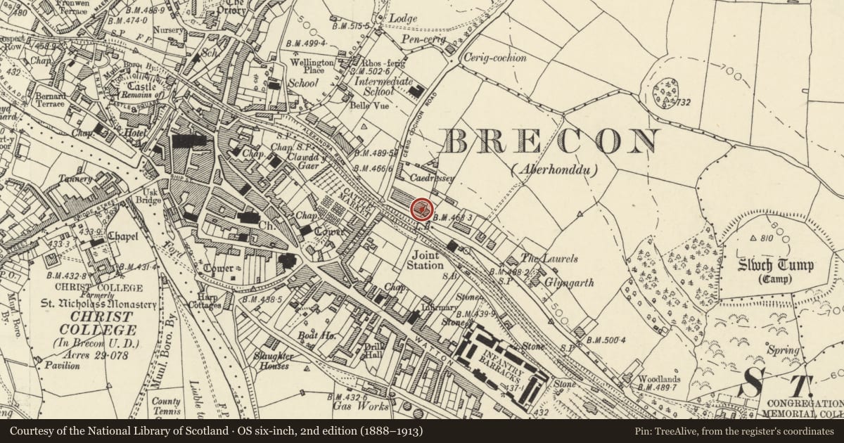 Ordnance Survey six-inch map, 2nd edition (1888–1913) covering the location of 12 Camden Road, Brecon, Powys, with a pin at the register's coordinates