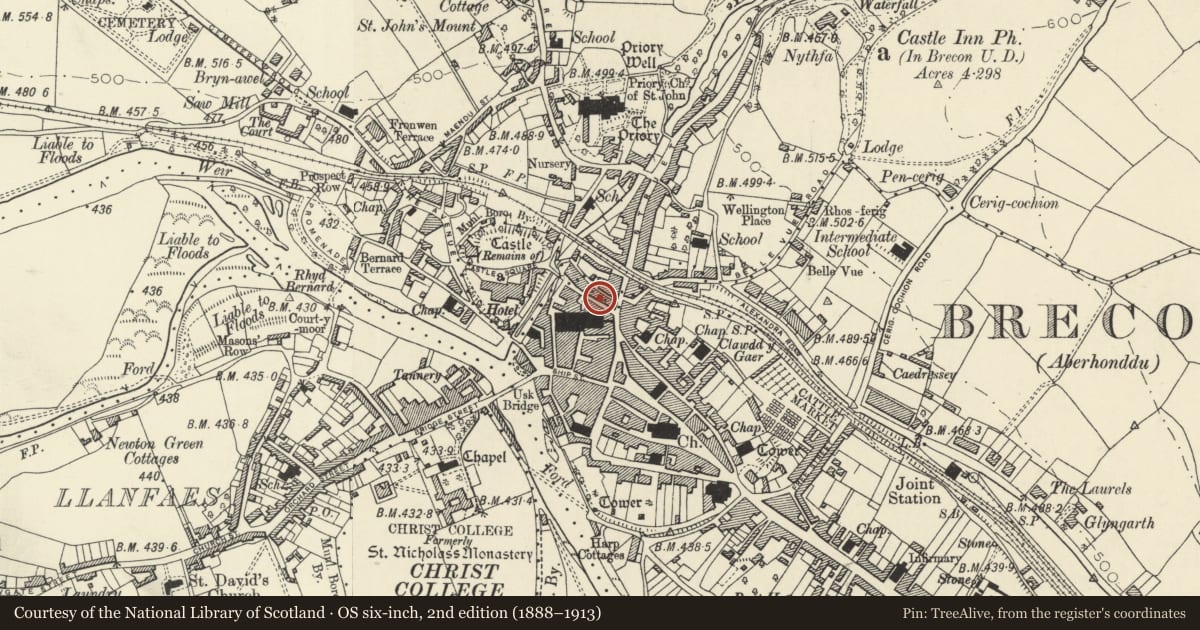 Ordnance Survey six-inch map, 2nd edition (1888–1913) covering the location of 5 Castle Street, Brecon, Powys, with a pin at the register's coordinates
