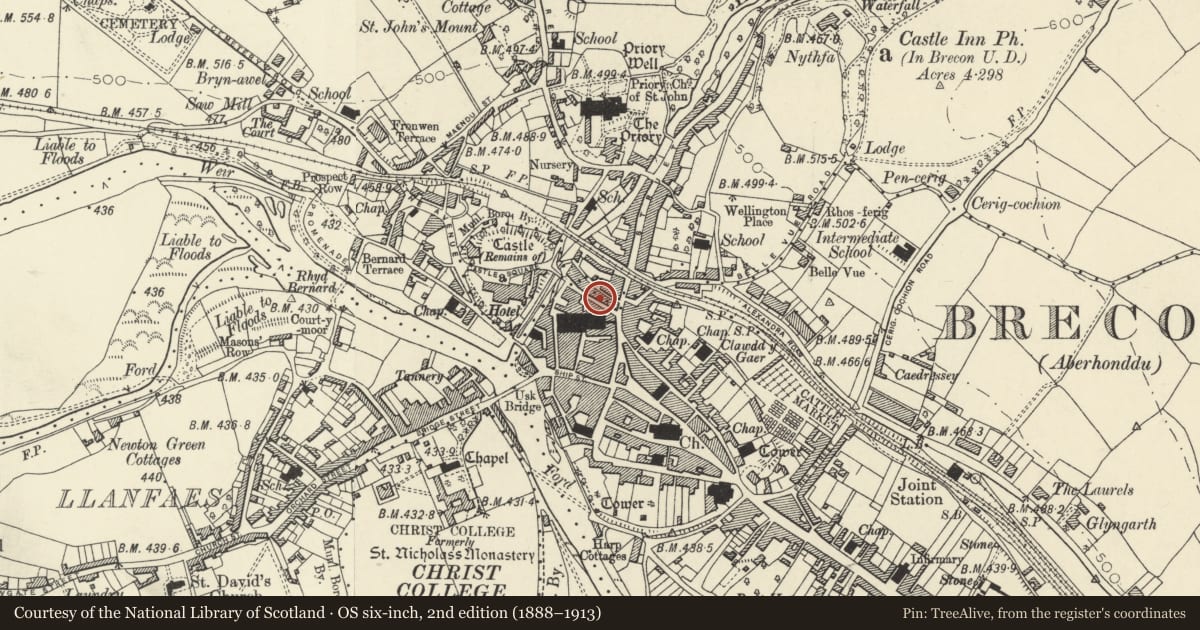 Ordnance Survey six-inch map, 2nd edition (1888–1913) covering the location of 6 Castle Street, Brecon, Powys, with a pin at the register's coordinates