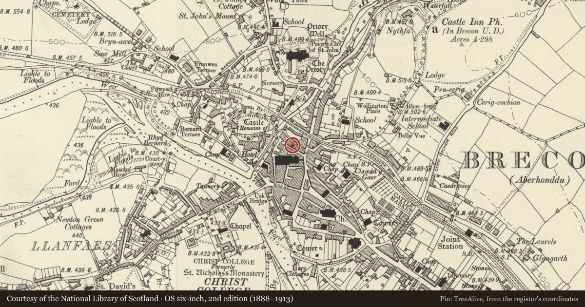 Ordnance Survey six-inch map, 2nd edition (1888–1913) covering the location of Building, excluding rear block of No.9 in Chapel Street, Brecon, Powys, with a pin at the register's coordinates