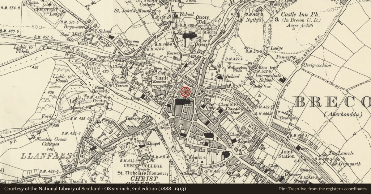 Ordnance Survey six-inch map, 2nd edition (1888–1913) covering the location of 11 Castle Street, Brecon, Powys, with a pin at the register's coordinates