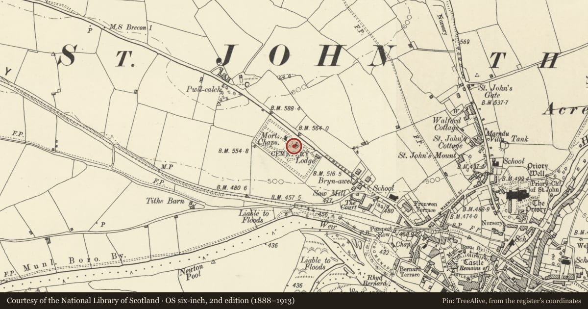 Ordnance Survey six-inch map, 2nd edition (1888–1913) covering the location of Cemetery Chapel (SE), Brecon, Powys, with a pin at the register's coordinates